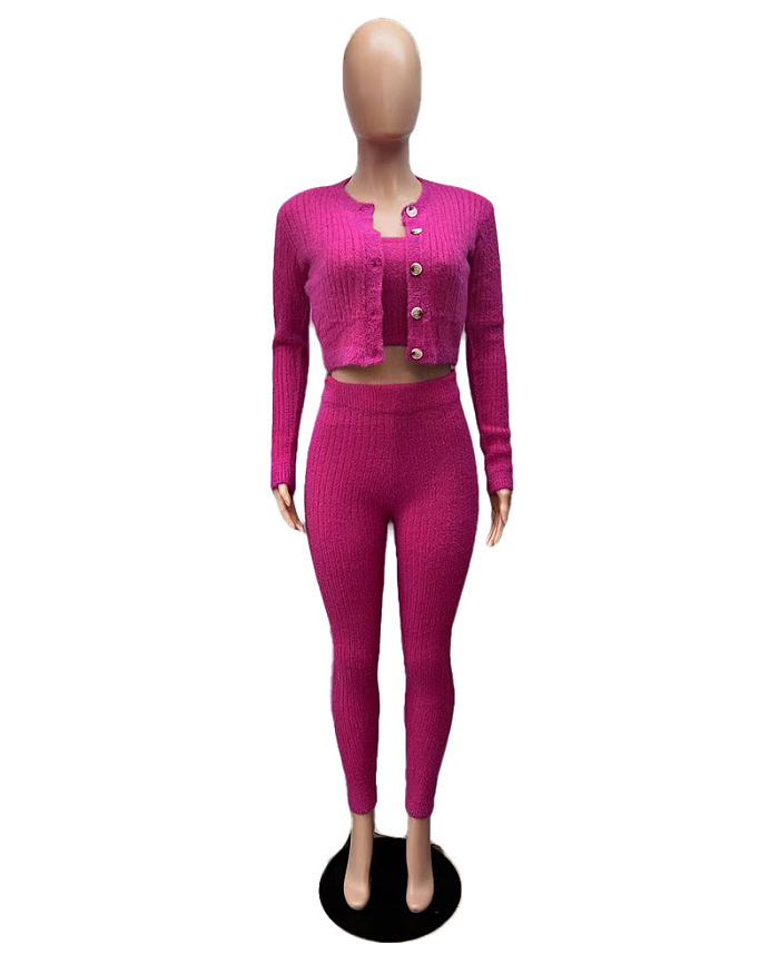 WHOELSALE | Wool 3-piece coat, bandeau, pants in Rose Red