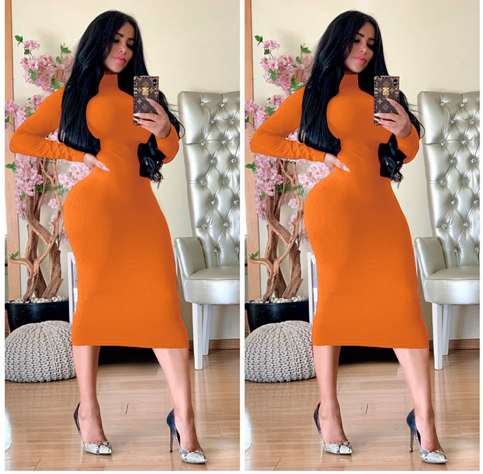 WHOELSALE | Turtle Neck Long Dress in Solid Color