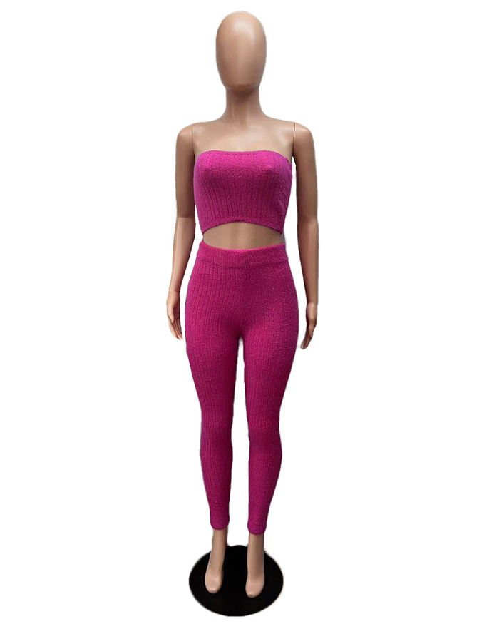 WHOELSALE | Wool 3-piece coat, bandeau, pants in Rose Red