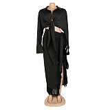 SUPER WHOLESALE | Front Bow Blouse Split Skirt in Solid