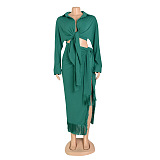 SUPER WHOLESALE | Front Bow Blouse Split Skirt in Solid