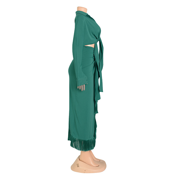 SUPER WHOLESALE | Front Bow Blouse Split Skirt in Solid