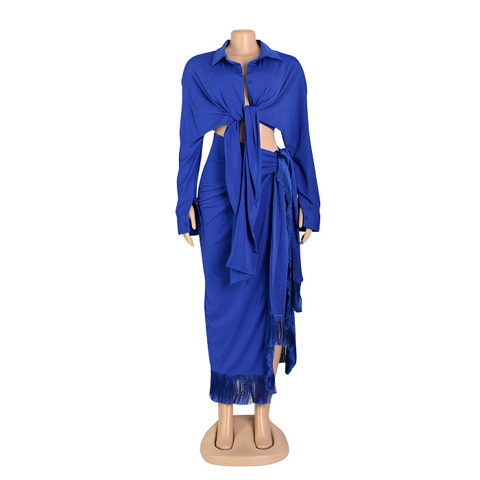 SUPER WHOLESALE | Front Bow Blouse Split Skirt in Solid