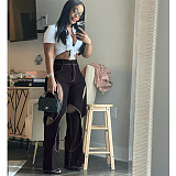 SUPER WHOLESALE | PATCHWORK CUT OUT HIGH WAIST STRAIGHT LEG PANTS