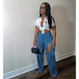SUPER WHOLESALE | PATCHWORK CUT OUT HIGH WAIST STRAIGHT LEG PANTS