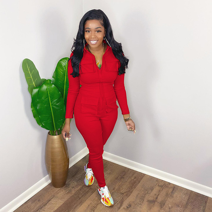 SUPER WHOLESALE | Half Zipper Front Pockets Cargo Jumpsuit in Solid