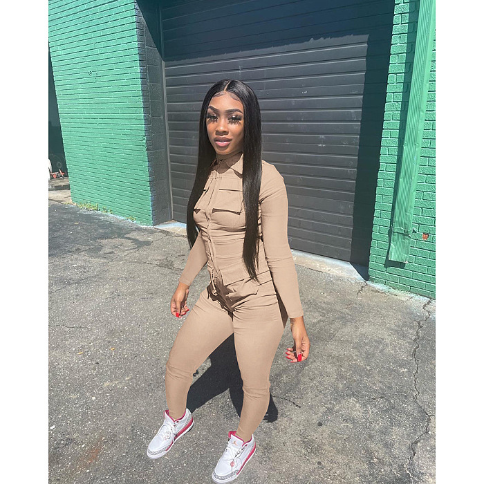 SUPER WHOLESALE | Half Zipper Front Pockets Cargo Jumpsuit in Solid