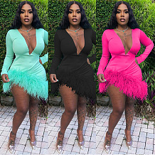 SUPER  WHOLESALE | Plunging Neck Fur Tassel Bottom Hem Dress
