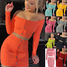 SUPER  WHOLESALE | Pit Material Off-shoulder Skirt Set