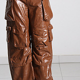 SUPER  WHOLESALE | Pu Material Loose Cargo Pants