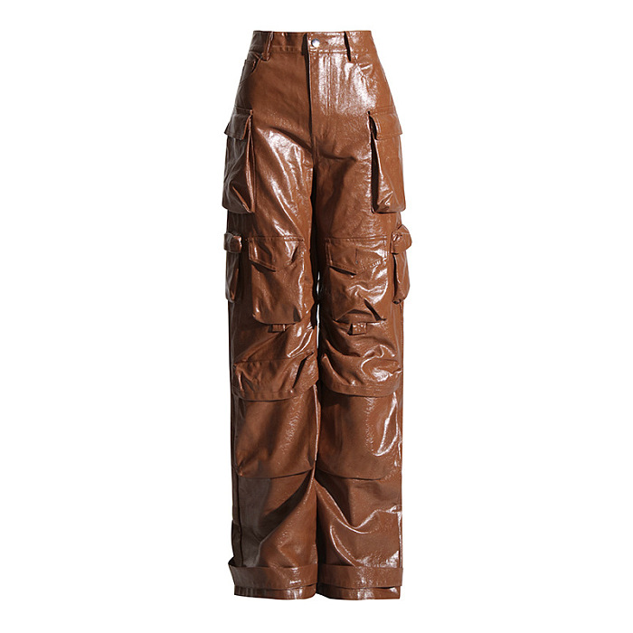 SUPER  WHOLESALE | Pu Material Loose Cargo Pants