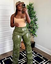 SUPER  WHOLESALE | Pu Material Loose Cargo Pants