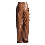 SUPER  WHOLESALE | Pu Material Loose Cargo Pants
