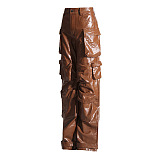 SUPER  WHOLESALE | Pu Material Loose Cargo Pants