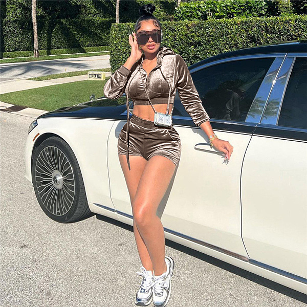 SUPER  WHOLESALE | Corduroy Hoodie Top Shorts Set