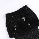 SUPER  WHOLESALE | Furry Patchwork Tassel Hem Criss-cross Deco Skirt
