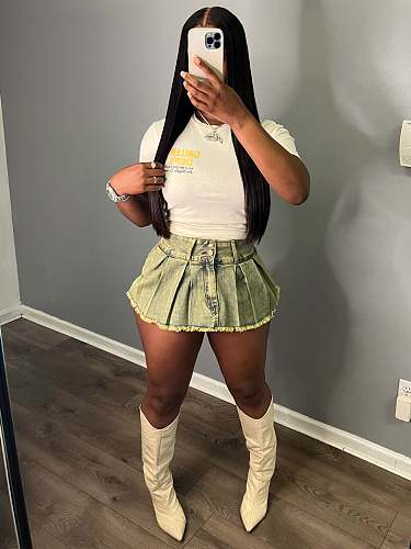 SUPER WHOLESALE |  Pleated Denim Skirt in Creamy