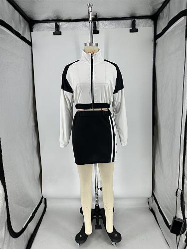 SUPER WHOLESALE |  Two Tones Zip Up Tracking Top Side Button Up Skirt