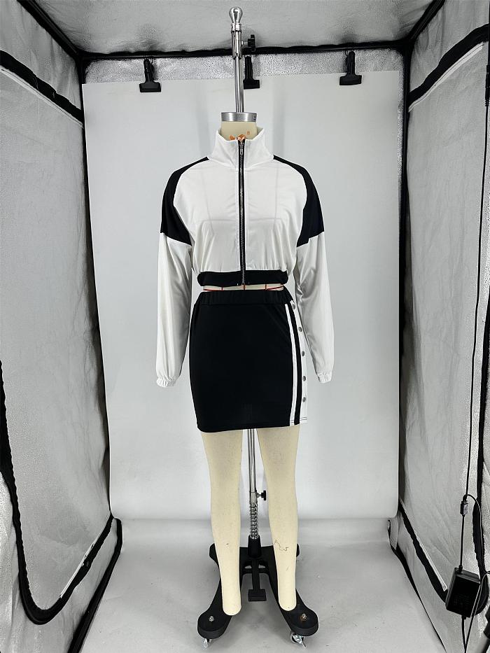 SUPER WHOLESALE |  Two Tones Zip Up Tracking Top Side Button Up Skirt