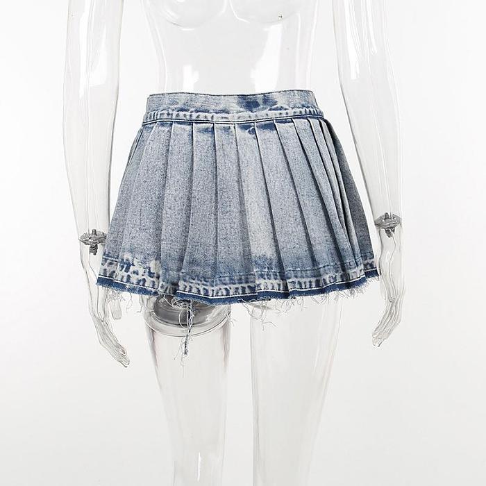 SUPER WHOLESALE |  Pleated Denim Blue Skirt