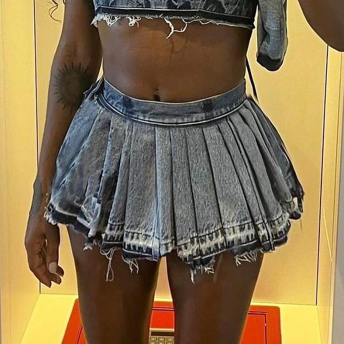 SUPER WHOLESALE |  Pleated Denim Blue Skirt