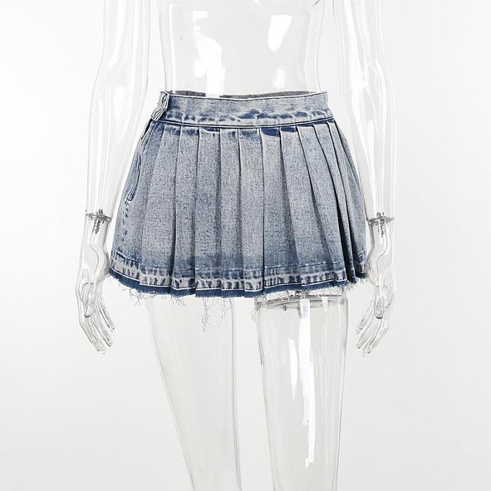 SUPER WHOLESALE |  Pleated Denim Blue Skirt