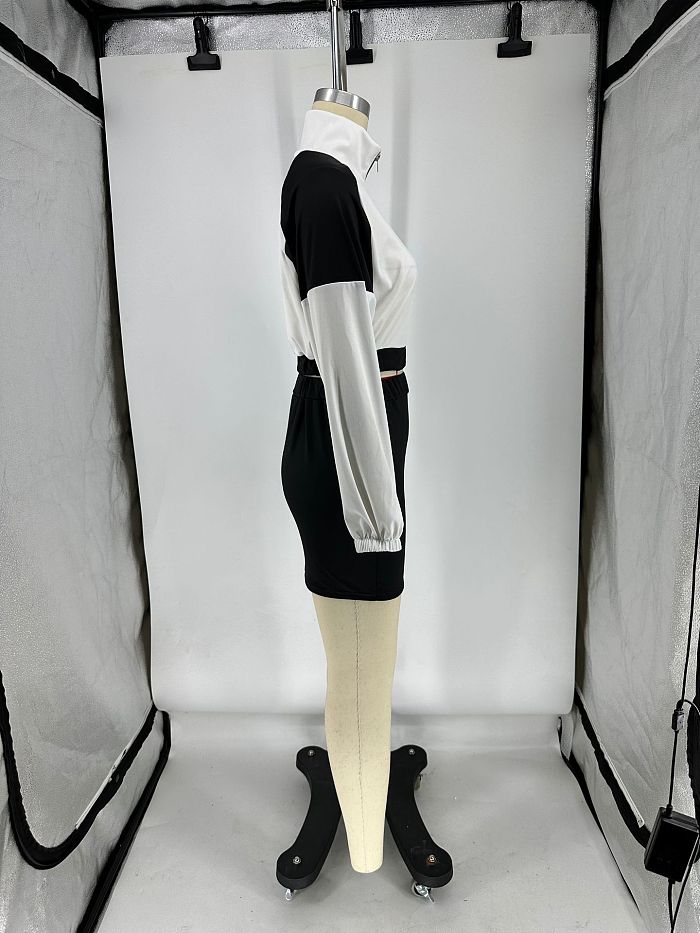 SUPER WHOLESALE |  Two Tones Zip Up Tracking Top Side Button Up Skirt