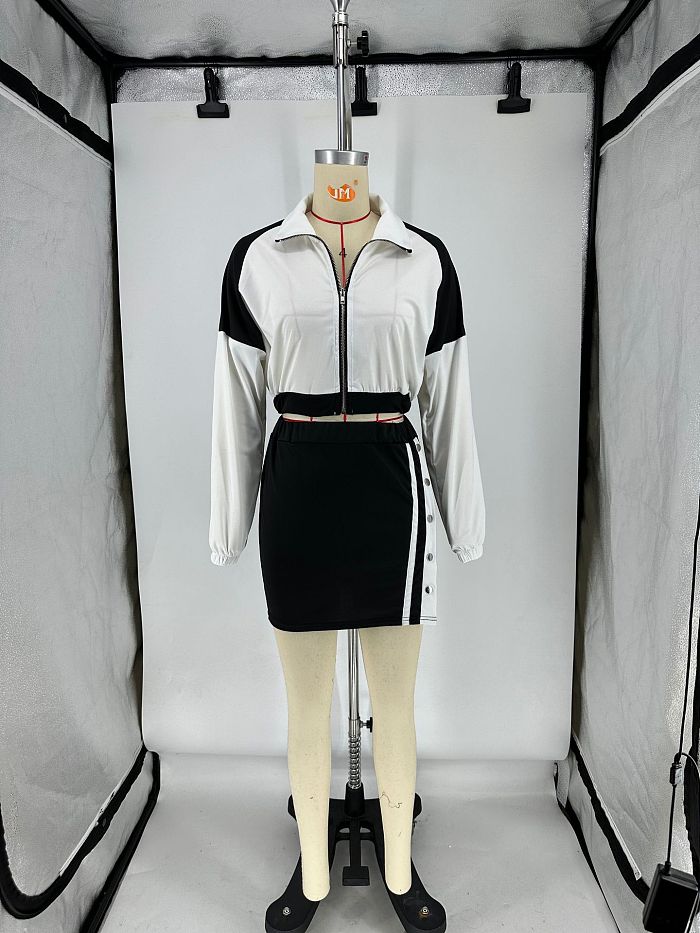 SUPER WHOLESALE |  Two Tones Zip Up Tracking Top Side Button Up Skirt