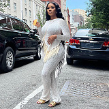 SUPER WHOLESALE |  Asymmertric Tassel Hem Pants Set in White