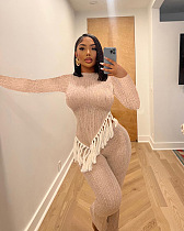 SUPER WHOLESALE |  Asymmertric Tassel Hem Pants Set in Apricot