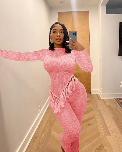 SUPER WHOLESALE |  Asymmertric Tassel Hem Pants Set in Pink