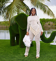 SUPER WHOLESALE |  Asymmertric Tassel Hem Pants Set in White