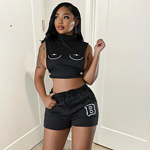 SUPER WHOLESALE | Off Shoulder Turtle Neck Top Shorts in Black