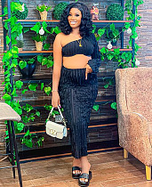 SUPER WHOLESALE | Chiffon One Shoulder Top Long Dress in Black