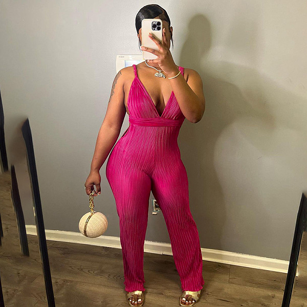 SUPER WHOLESALE | Chiffon Open Back Plunging Neck Jumpsuit