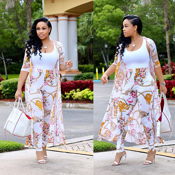 SUPER WHOLESALE | Printed Long Coat Bodycon Pants 2pieces in White