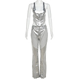 SUPER WHOLESALE | Patchwork High Waist Straight Pants Tank Vest Top in Silver