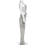 SUPER WHOLESALE | Patchwork High Waist Straight Pants Tank Vest Top in Silver