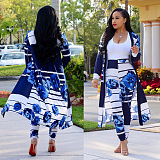 SUPER WHOLESALE | Printed Long Coat Bodycon Pants 2pieces in Blue