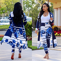 SUPER WHOLESALE | Printed Long Coat Bodycon Pants 2pieces in Blue