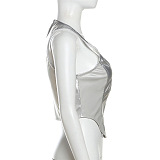 SUPER WHOLESALE | Patchwork High Waist Straight Pants Tank Vest Top in Silver