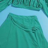 SUPER WHOLESALE | Plus Size Off-Shoulder Puffy Sleeves Top Split Skirt in Green