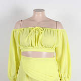 SUPER WHOLESALE | Plus Size Off-Shoulder Puffy Sleeves Top Split Skirt in Yellow
