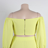SUPER WHOLESALE | Plus Size Off-Shoulder Puffy Sleeves Top Split Skirt in Yellow