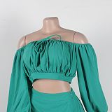 SUPER WHOLESALE | Plus Size Off-Shoulder Puffy Sleeves Top Split Skirt in Green