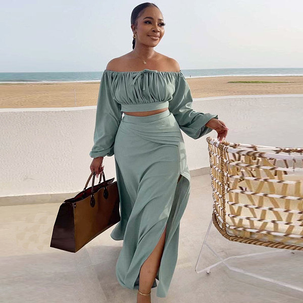SUPER WHOLESALE | Plus Size Off-Shoulder Puffy Sleeves Top Split Skirt in Cyan