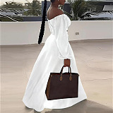 SUPER WHOLESALE | Plus Size Off-Shoulder Puffy Sleeves Top Split Skirt in White