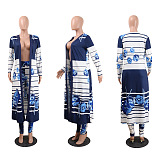 SUPER WHOLESALE | Printed Long Coat Bodycon Pants 2pieces in Blue