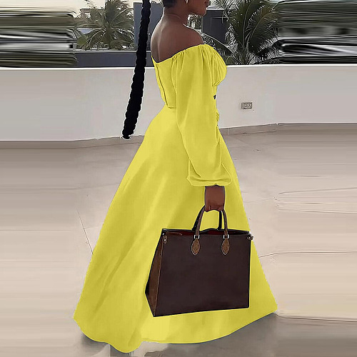 SUPER WHOLESALE | Plus Size Off-Shoulder Puffy Sleeves Top Split Skirt in Yellow