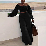 SUPER WHOLESALE | Plus Size Off-Shoulder Puffy Sleeves Top Split Skirt in Black